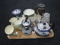 A tray of English bone china tea ware, Carlton ware teapot on stand and milk jug,