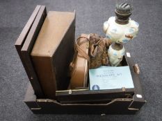 A box of antique wooden writing slope, Victorian glass oil lamp,