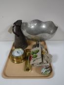 A tray of copper jug, a brass barometer, a thermometer, tapestry bell pull hammered pewter bowl,
