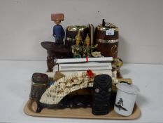 A tray of ornaments, figures, Oriental pots, wooden barrels,
