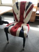A dining chair upholstered in Union Jack fabric
