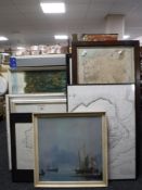 A collection of pictures, maps, a view of Cambridge, oil on canvas, needlepoint pictures, prints,