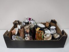 Three boxes containing china ornaments, character jugs, figures, animal ornaments, plates,