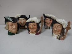 Five small Royal Doulton character jugs; Robin Hood, Athos, Porthos, Aramis,