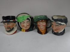 Four large Royal Doulton character jugs; Sairey Gamp, Arriet, Beefeaters and Granny.