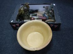 A box of antique and later glass bottles, North Shields bottle, stone ware,