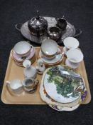 A three piece silver plated tea service on tray, a tray of tea china,