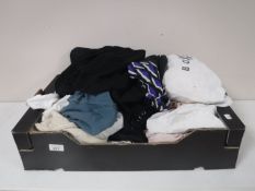 Two boxes containing vintage clothing, fabrics, hat in hat box, evening bags,