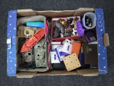 A box of vintage playing cards, animal ornaments,