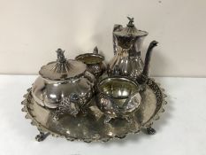 A silver plated four piece tea service on tray