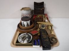 A tray of lacquered pencil box, animal ornaments, letter rack brass stand,