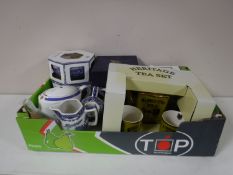 A box of Ringtons blue and white china, Bridges bowl, heritage tea set,