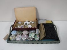 A tray of William Morris collection china, trinket pots, carved figures, shell dish,