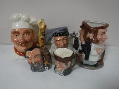 Five small Royal Doulton character jugs; The Chef, The Wizard, Doctor Jekyll and Mr.