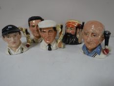 Five small Royal Doulton character jugs; Dickie Bird, Brian Johnston, Len Hutton,