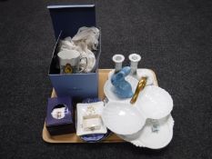 A tray of Wedgwood mug, blue rabbit ornament,