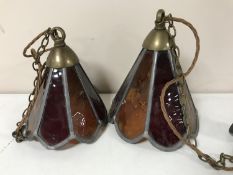 A pair of leaded glass hanging lights
