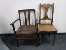 An Edwardian commode chair together with a side chair