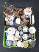 Two boxes of china, ornaments, Ringtons chintz teapot, continental flagon, Oriental pieces,