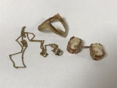 A 9ct gold ring together with pair of cameo earrings and fine chain