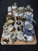 Two trays containing continental gilded tea china, Ringtons jug, Doulton milk jug and sugar bowl,
