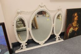 A Victorian painted and gilt triple overmantel mirror, width 113cm.