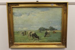 Continental school, Cattle in the mid day sun, oil on canvas, indistinctly signed, 73cm by 54cm.