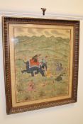 Indian School (Late 19th/20th century), A tiger hunt, gouache on silk, 51cm by 42cm.