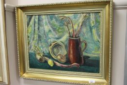 Liz Tyler (British Contemporary), still life of vegetables and pottery, oil on board, signed,