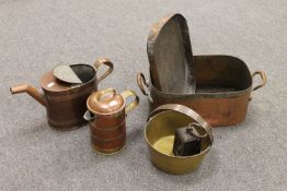 A small collection of 19th century copper and brass ware, to include lidded twin handled pot,