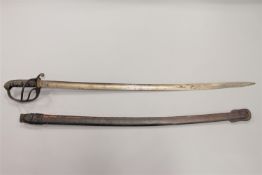 A British 1821 pattern sabre with 88cm curved blade, 3-bar steel hilt and leather scabbard.