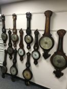 A group of twelve nineteenth century barometers, including banjo and stick examples.