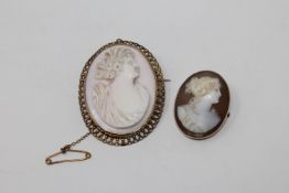 Two Victorian 9ct gold mounted cameo brooches depicting classical ladies.
