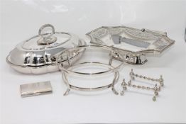 A collection of silver plated wares to include a lidded entree dish, a swing-handled basket,