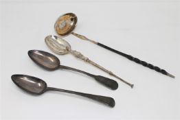 Two Georgian silver table spoons, together with a toddy ladle and another spoon.