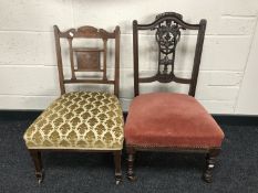 A 19th century inlaid mahogany bedroom chair, together with one other similar.
