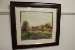 Attributed to Robert Jobling (1841-1923), figure on a country lane, watercolour, initialled RJ,