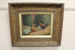 James Clark (1858-1943), poultry feeding in a doorway, oil on canvas, signed, 34cm by 25cm.