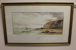 W. Heath, Fisherman by a rocky cove, watercolour, 53cm by 24cm.