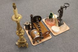 Two trays of carved candlesticks, oak spirit barrel, wooden book trough, large gilt table lamp,