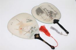 A Japanese Meiji period silk hand fan depicting a Geisha, length 34cm,