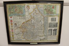 An antiquarian hand-coloured map of Northumberland, after Speed (1646), 52cm by 42cm,