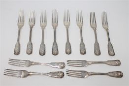 A Harlequin set of twelve George III and later King's pattern silver dessert forks,