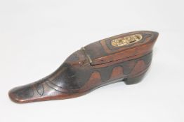 A Victorian treen snuff box modelled as a shoe