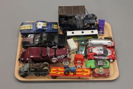 A tray of die-cast vehicles and model cars including Maisto Dodge Challenger etc.
