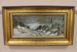 Nancie Foster (British Contemporary), sheep on a snowy, rural track, oil on board, signed,