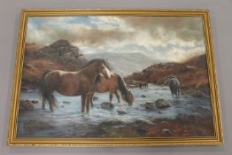 John Trickett (b.1953), Highland ponies watering, oil on canvas, signed, 90cm by 60cm.
