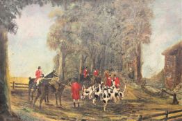 Twentieth Century School : Huntsmen with hounds in a clearing, oil on canvas, 52 cm by 74 cm.