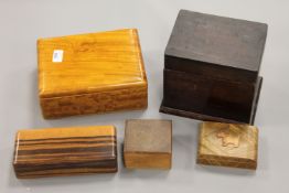 Five vintage wooden boxes.