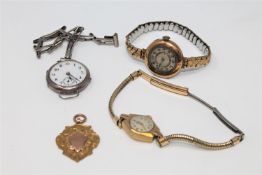 A 9ct gold fob, 4.1g, together with three vintage wrist watches.